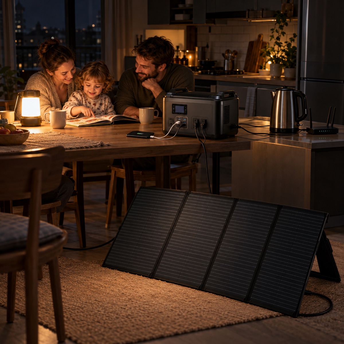 Family at the kitchen table during a blackout, lamp and router running from the power station