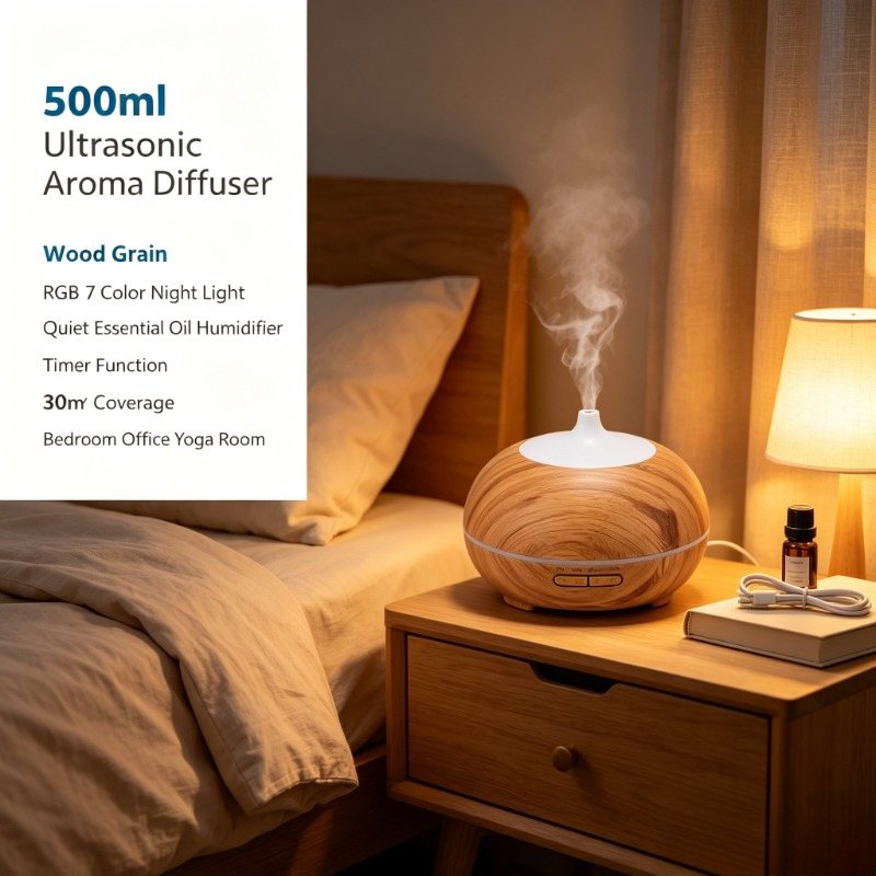 500 ml essential oil humidifier, wood grain, 7-colour night light