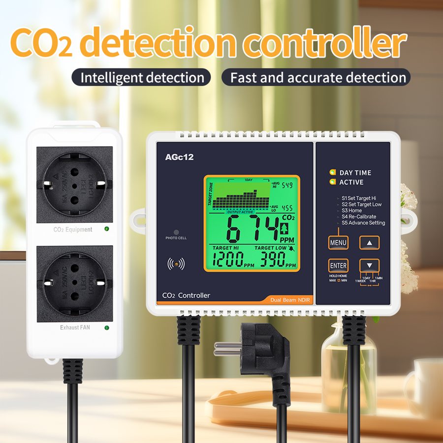 CO2 air quality detector, 0 to 5000 ppm, EU or US plug