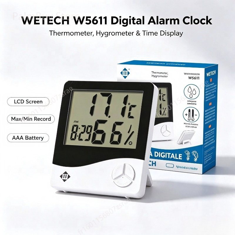 Digital alarm clock with indoor thermometer and hygrometer