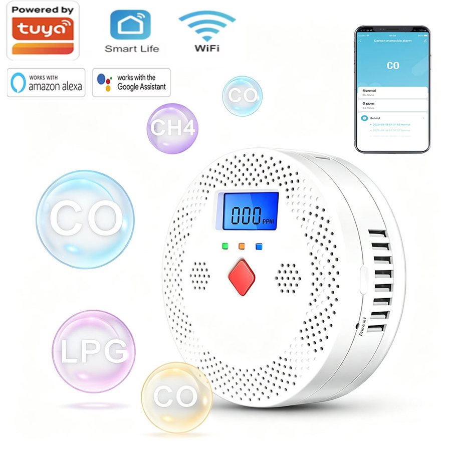 WiFi carbon monoxide detector, LCD display, 75dB alarm