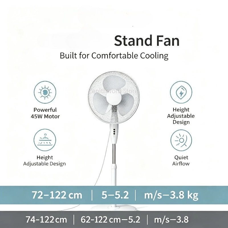 Silent 45W standing fan, 40 cm, 3 blades, oscillating