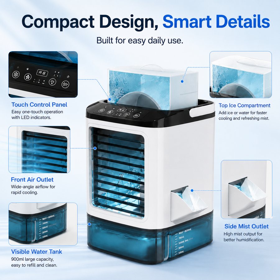 Mini portable air conditioner, 900 ml water tank, 3 speeds