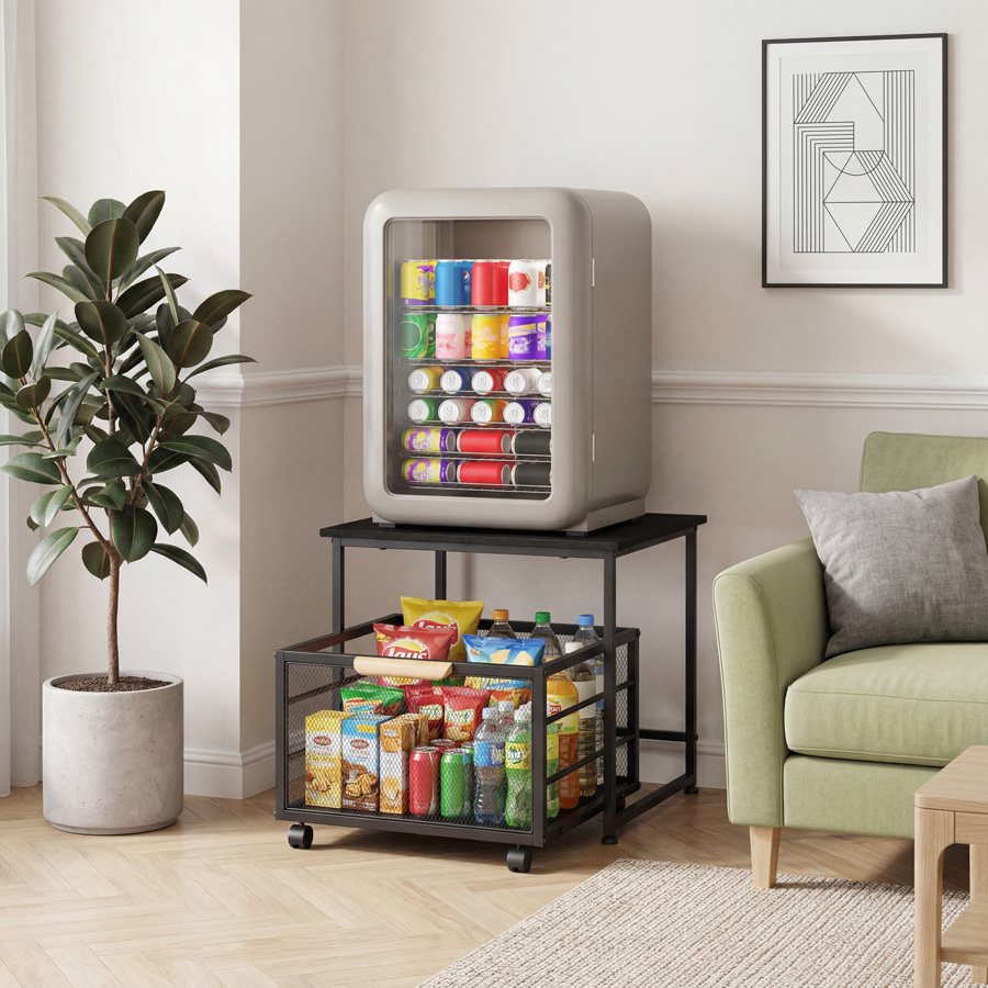 Compact black mini stand with drawer and basket, 20 x 20 in