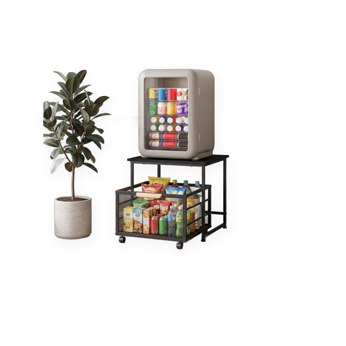 Compact black mini stand with drawer and basket, 20 x 20 in