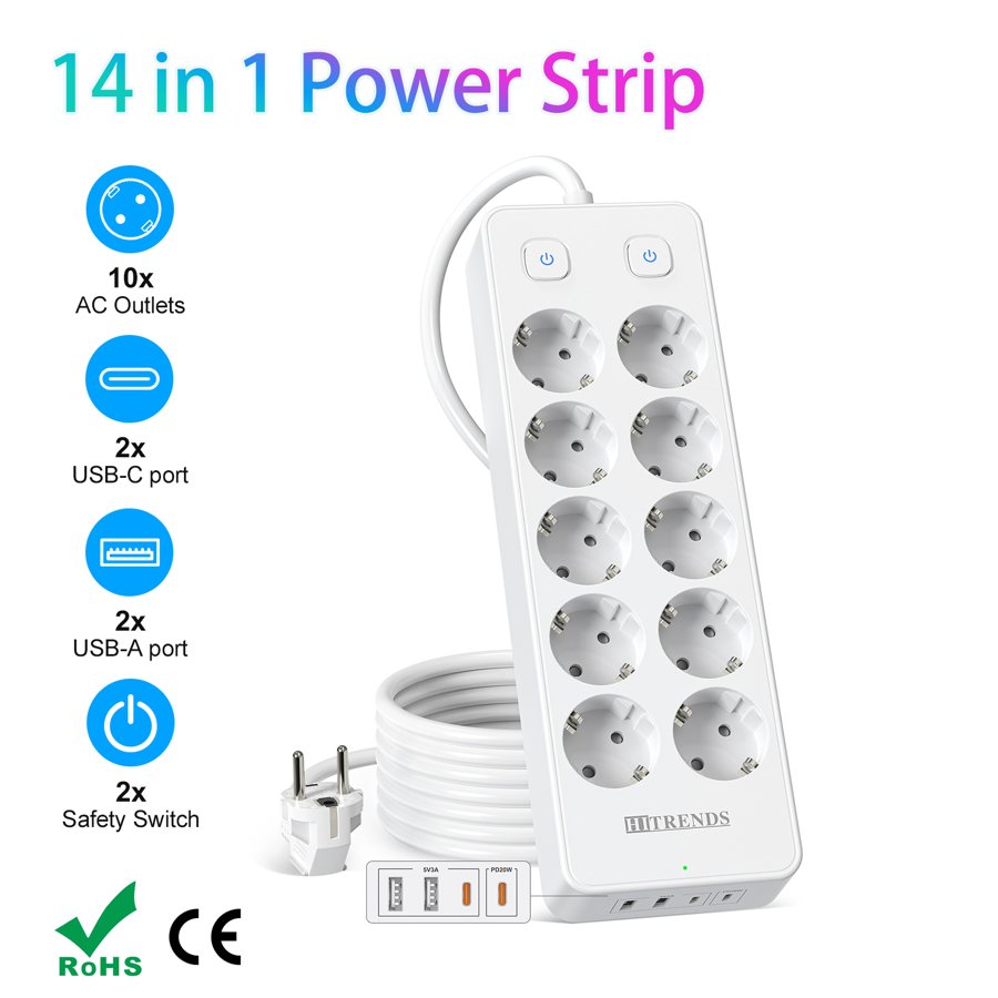 10-way European power strip with USB-A and USB-C