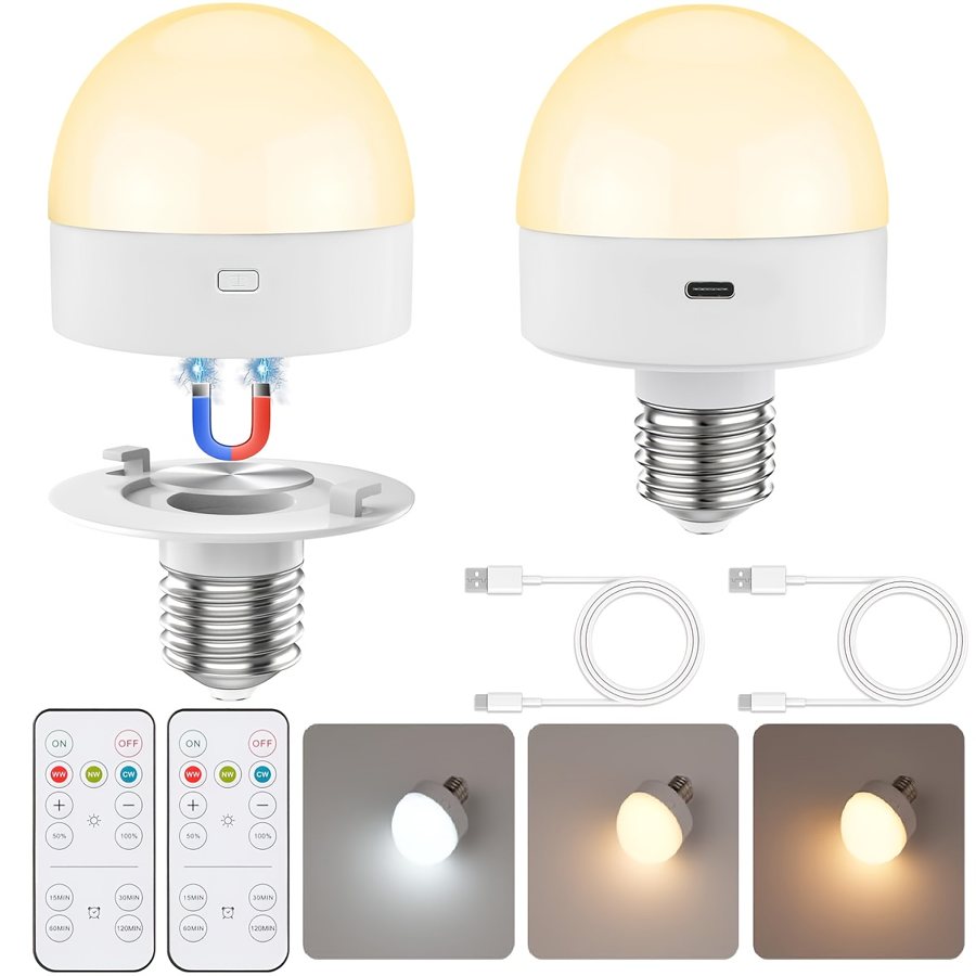 2-pack rechargeable LED light bulb with remote and timer
