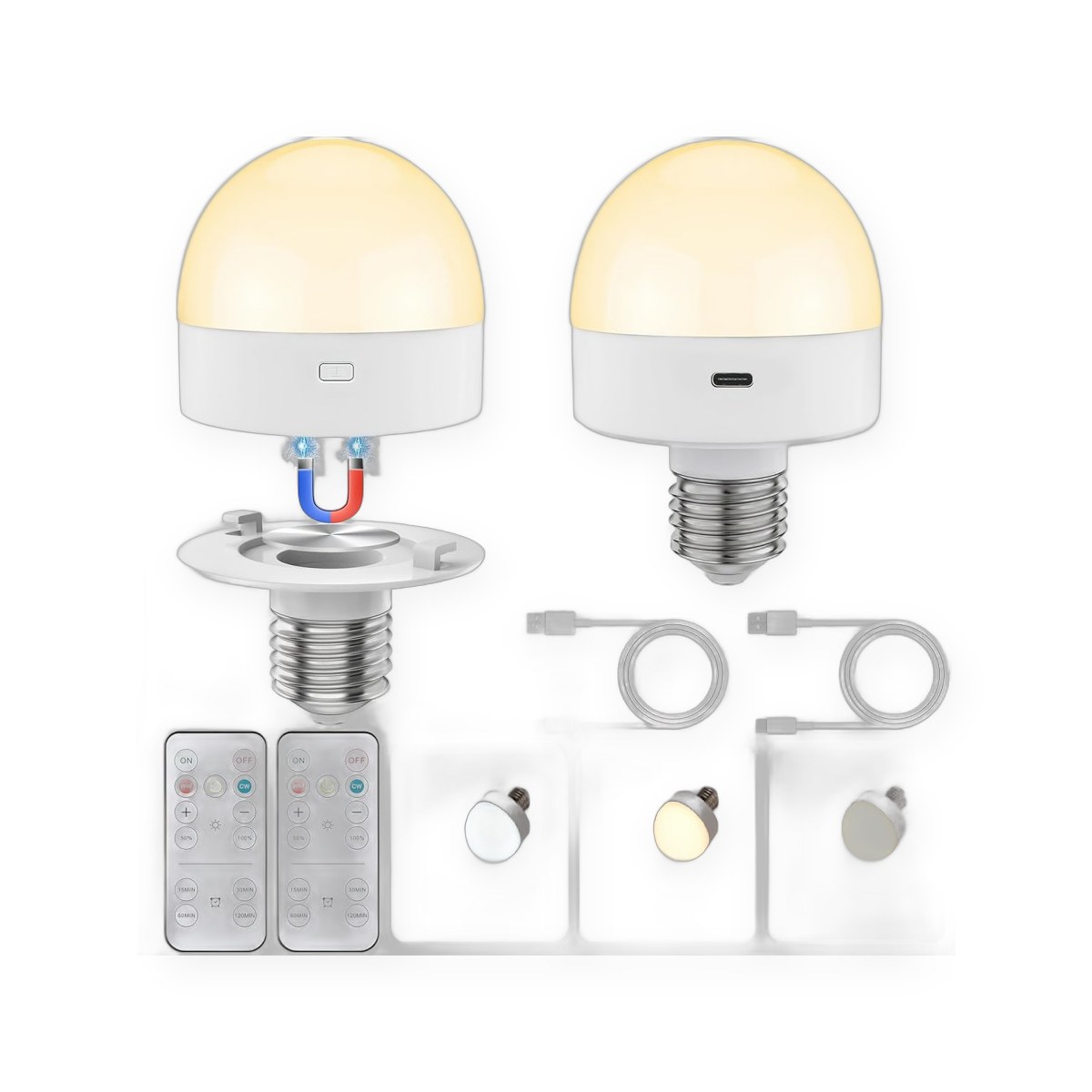 2-pack rechargeable LED light bulb with remote and timer