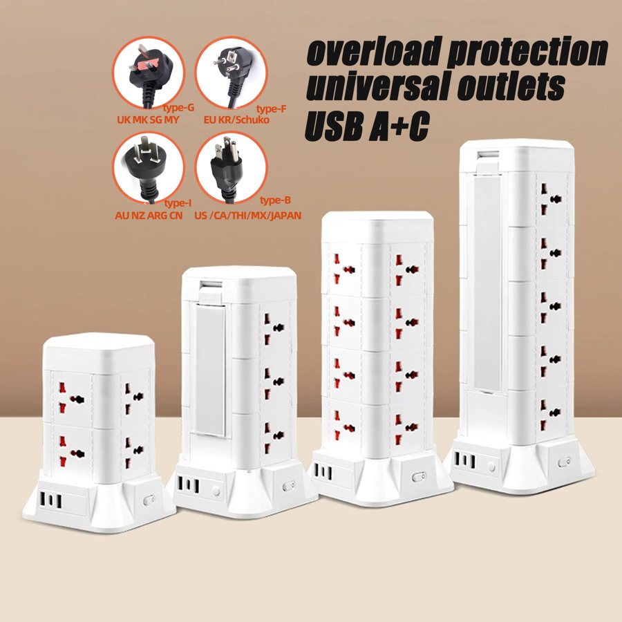 Universal tower power strip with EU, UK, US and AU plugs