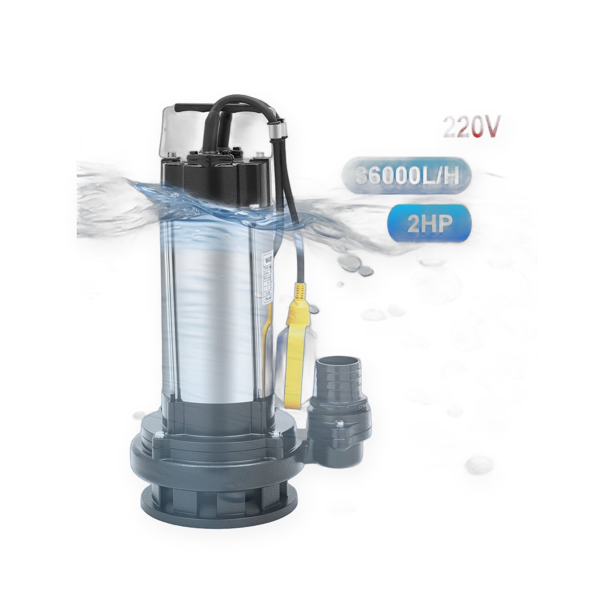 Submersible water pump, 2HP, 1500W, 36000 L/h, with float