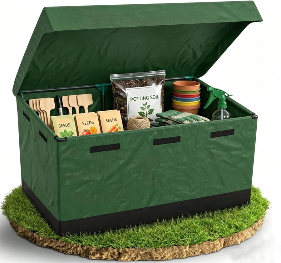 Waterproof garden storage chest, 530L, with metal frame