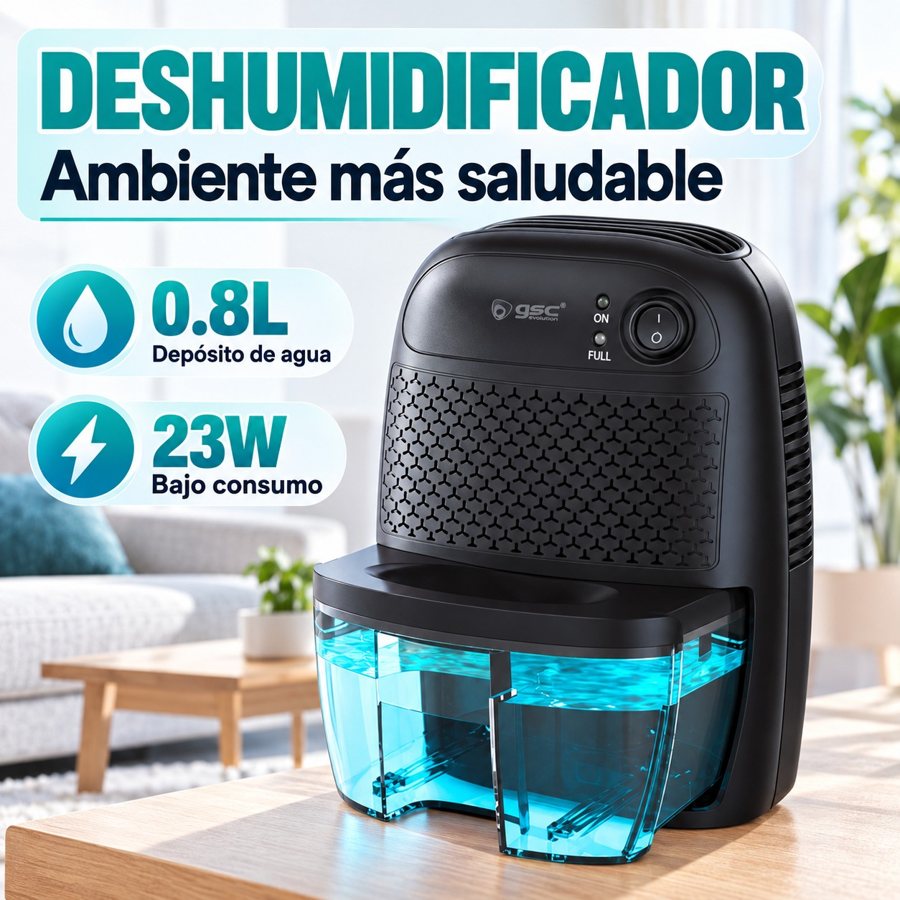 Compact 23W dehumidifier with 0.8L tank and auto shut-off
