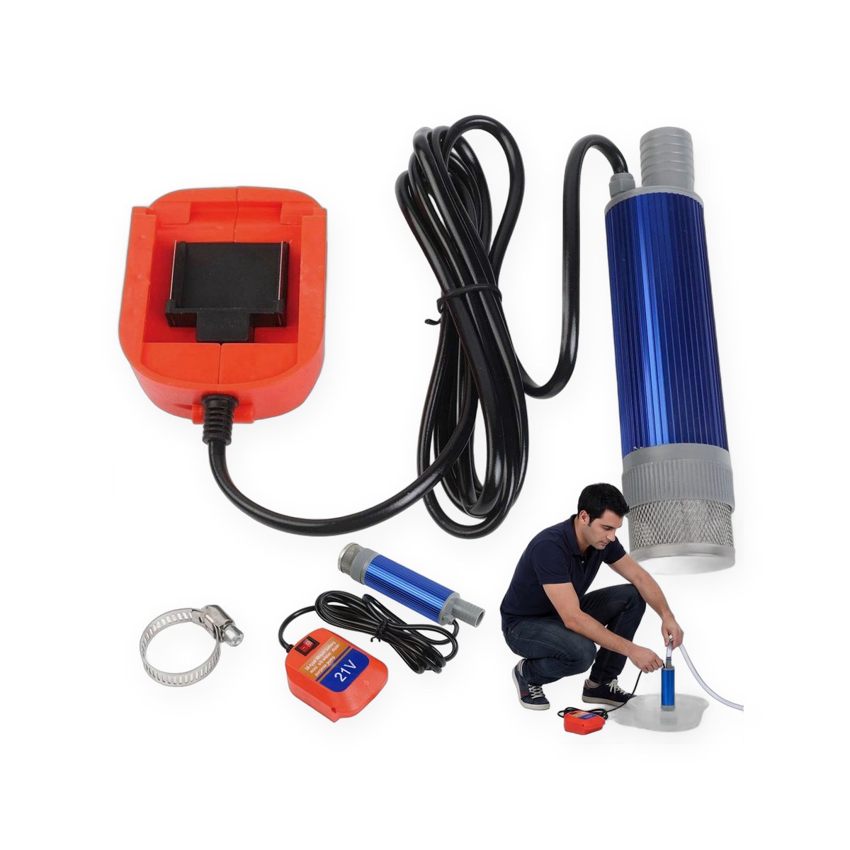 Portable cordless submersible water pump, for 21V lithium battery