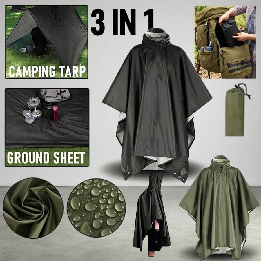 3-in-1 waterproof rain poncho with hood and sleeves