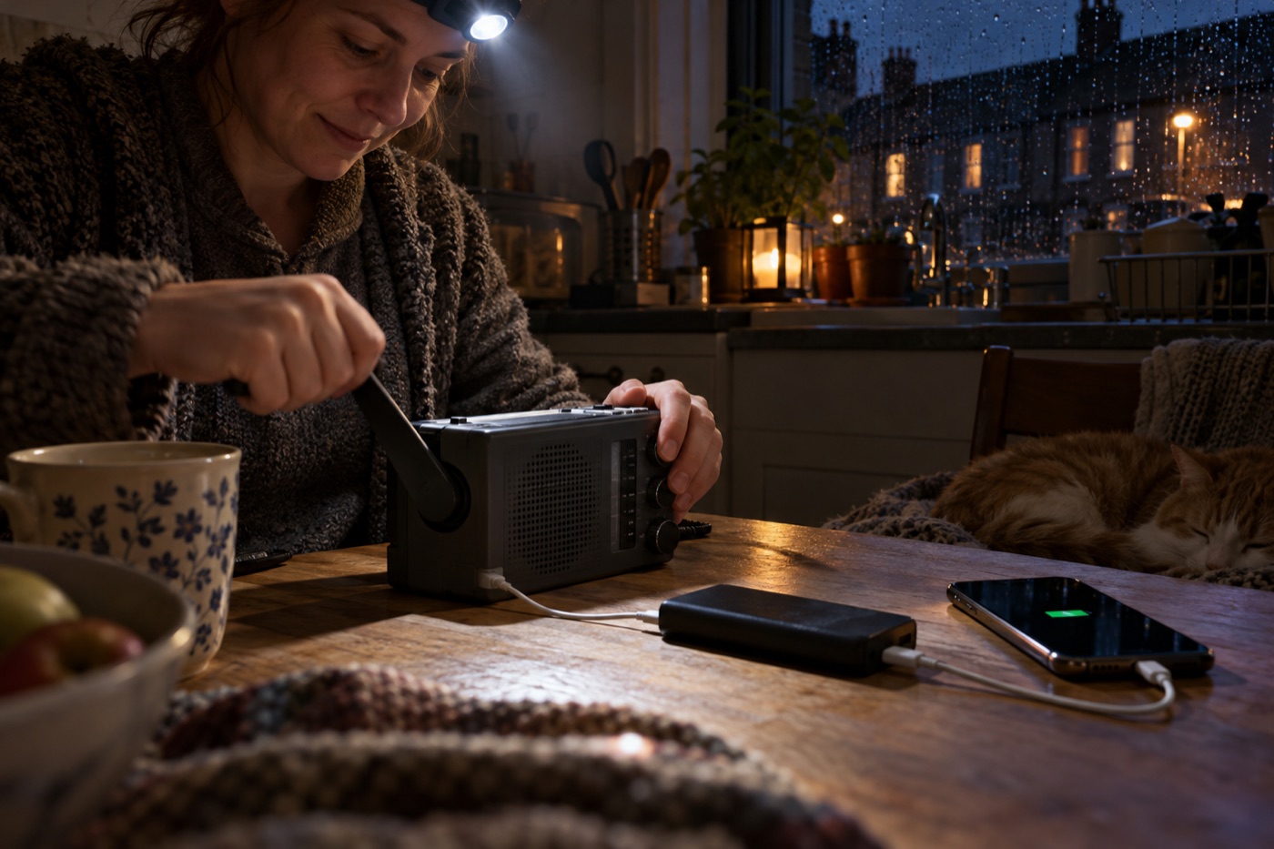 Person winding the emergency radio at the kitchen table during a power cut