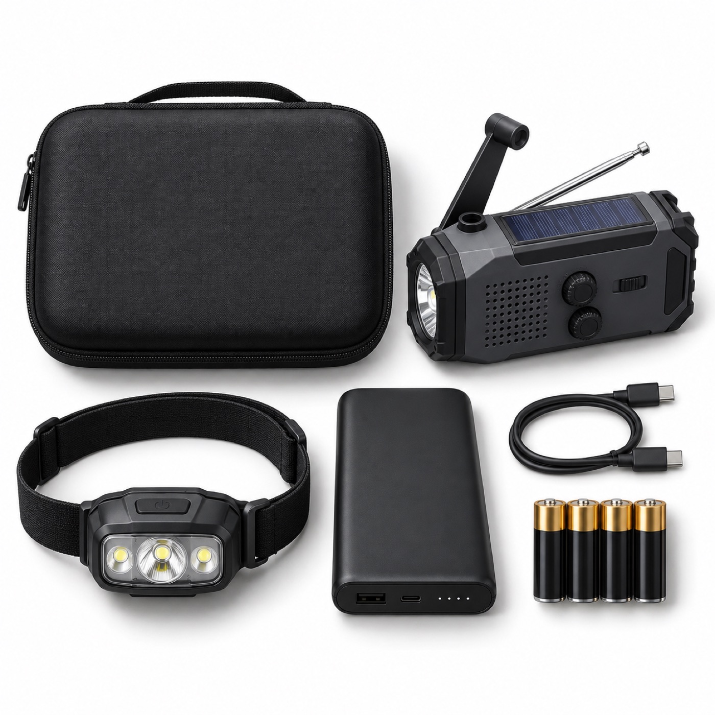 Be Ready emergency kit: crank radio, head torch, power bank, batteries